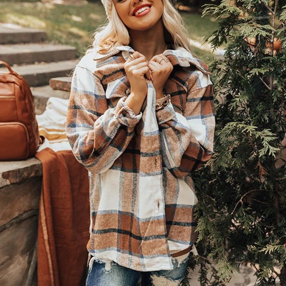 Plaids shirt women button front long sleeve autumn winter
